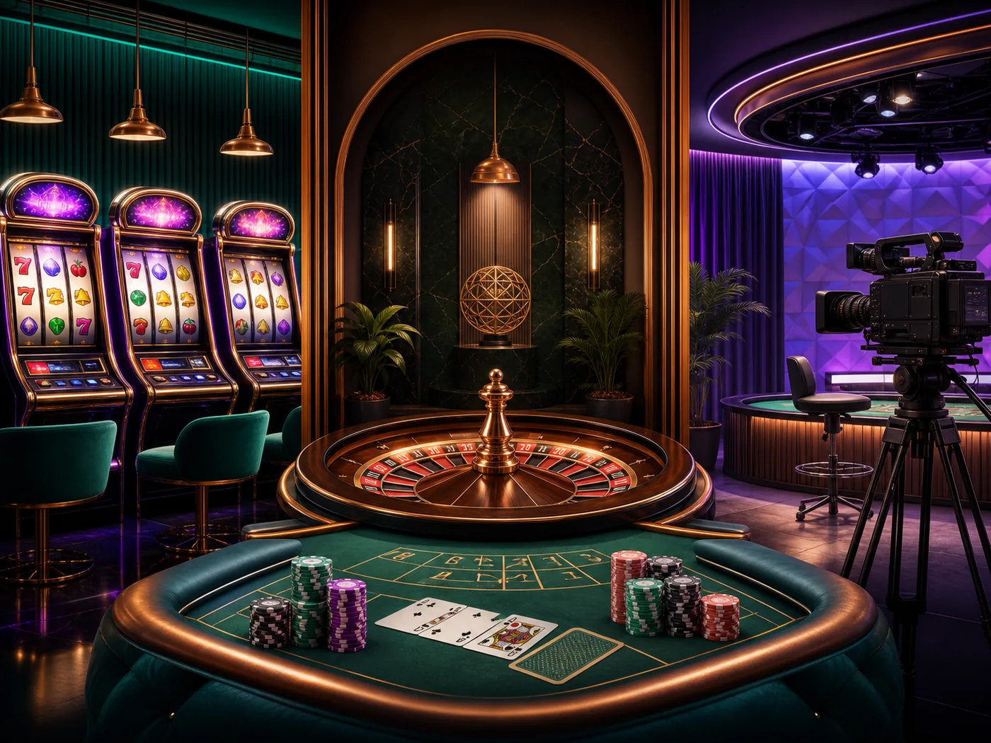 Lobby fictício com categorias de slots, mesa e cassino ao vivo