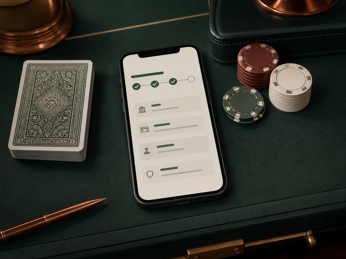 Celular com resumo genérico de pagamento ao lado de fichas de cassino